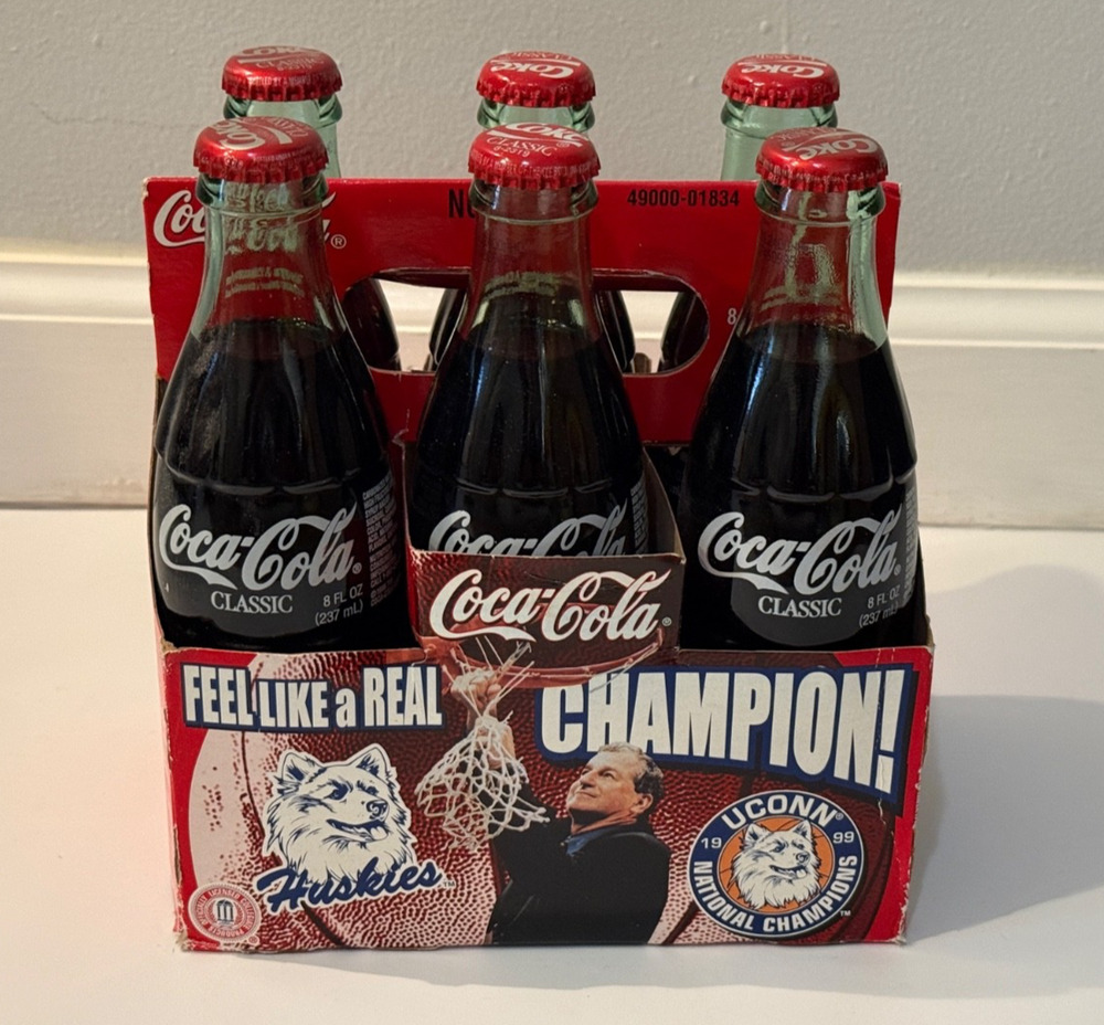 🥤 Coca Cola UCONN Huskies 1999 National Champions 6 Pack Glass Bottles